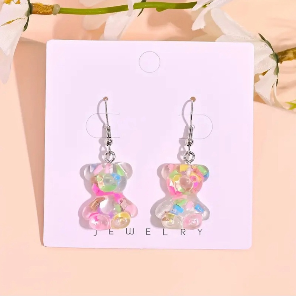 Confetti Teddy Bear Acrylic Earrings Multicolor Hypoallergenic
